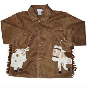 le•top brown faux‎ leather western jacket with embroidered cow & horse🐎 🐄